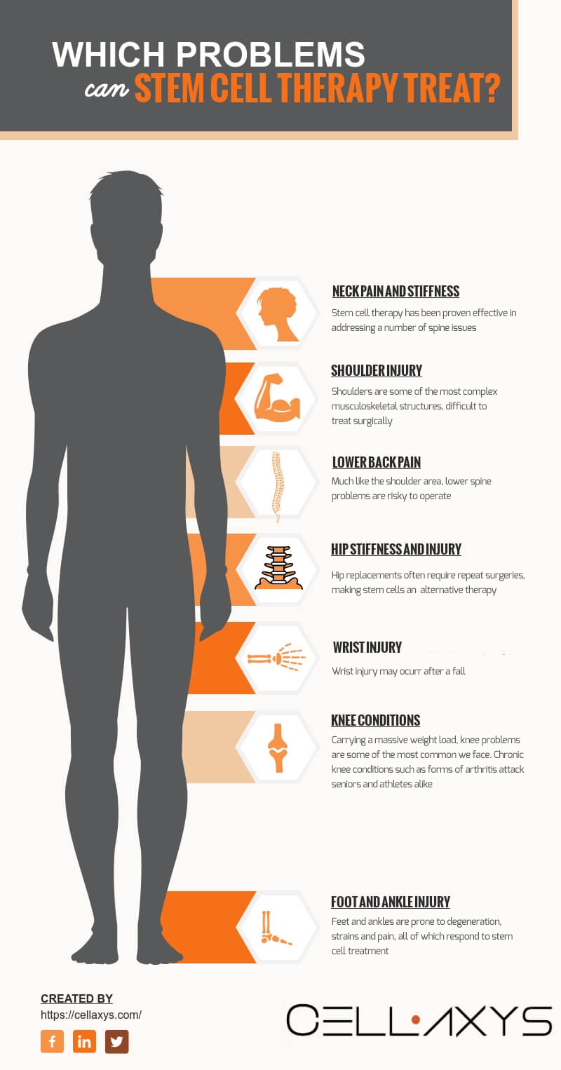 Stem cell therapy treatment areas problems diseases infographic